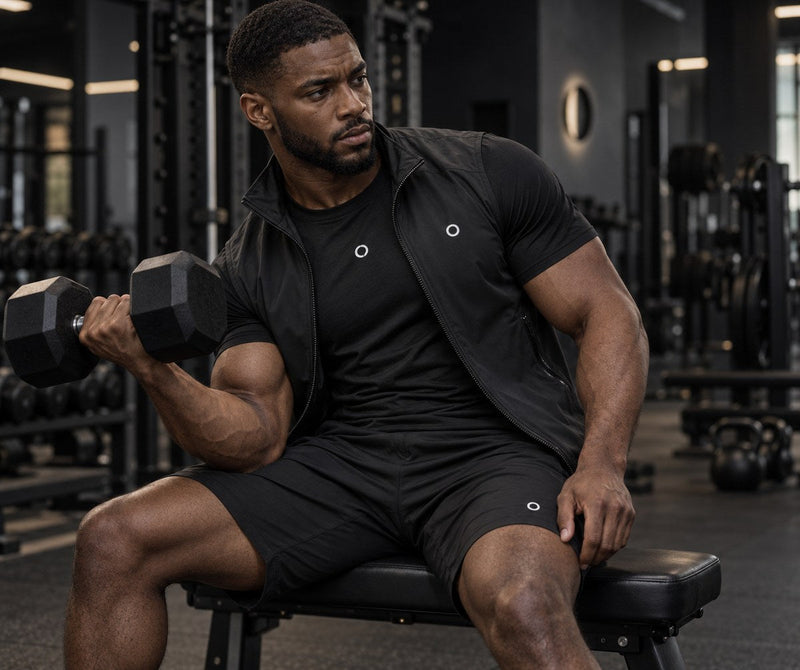 Man in de zwarte ORION Strength Set traint met een dumbbell