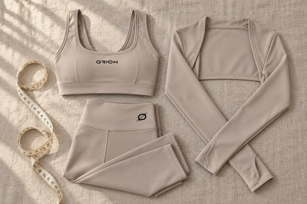 De zandkleurige ORION Studio Set, gevouwen met meetlint