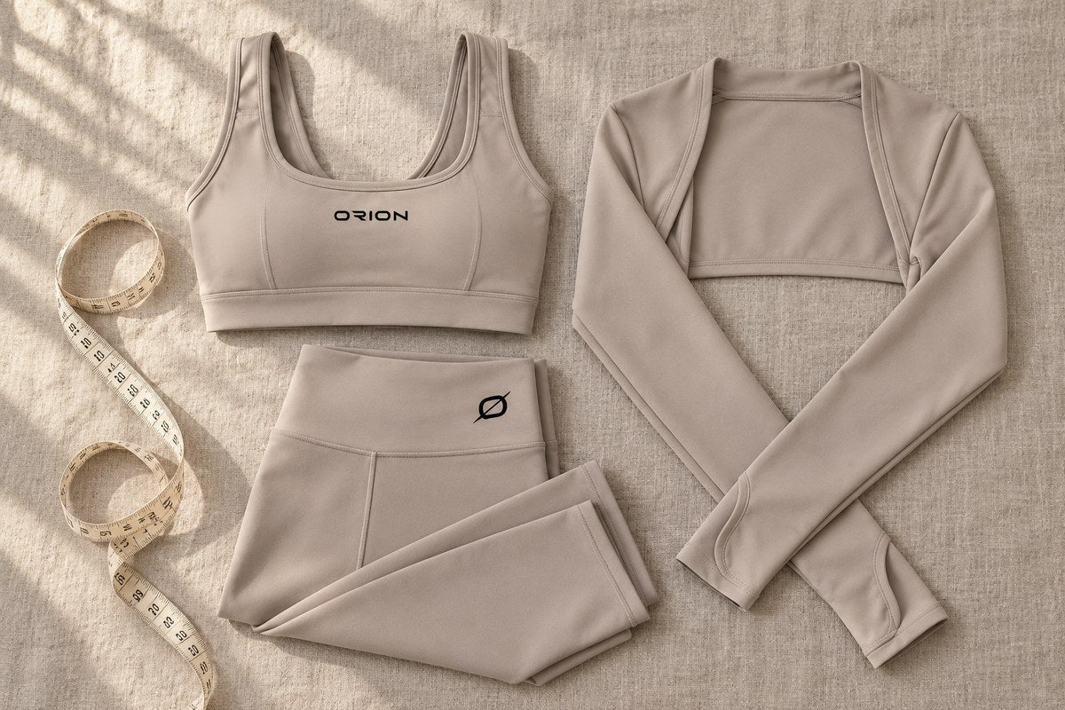 De zandkleurige ORION Studio Set, gevouwen met meetlint