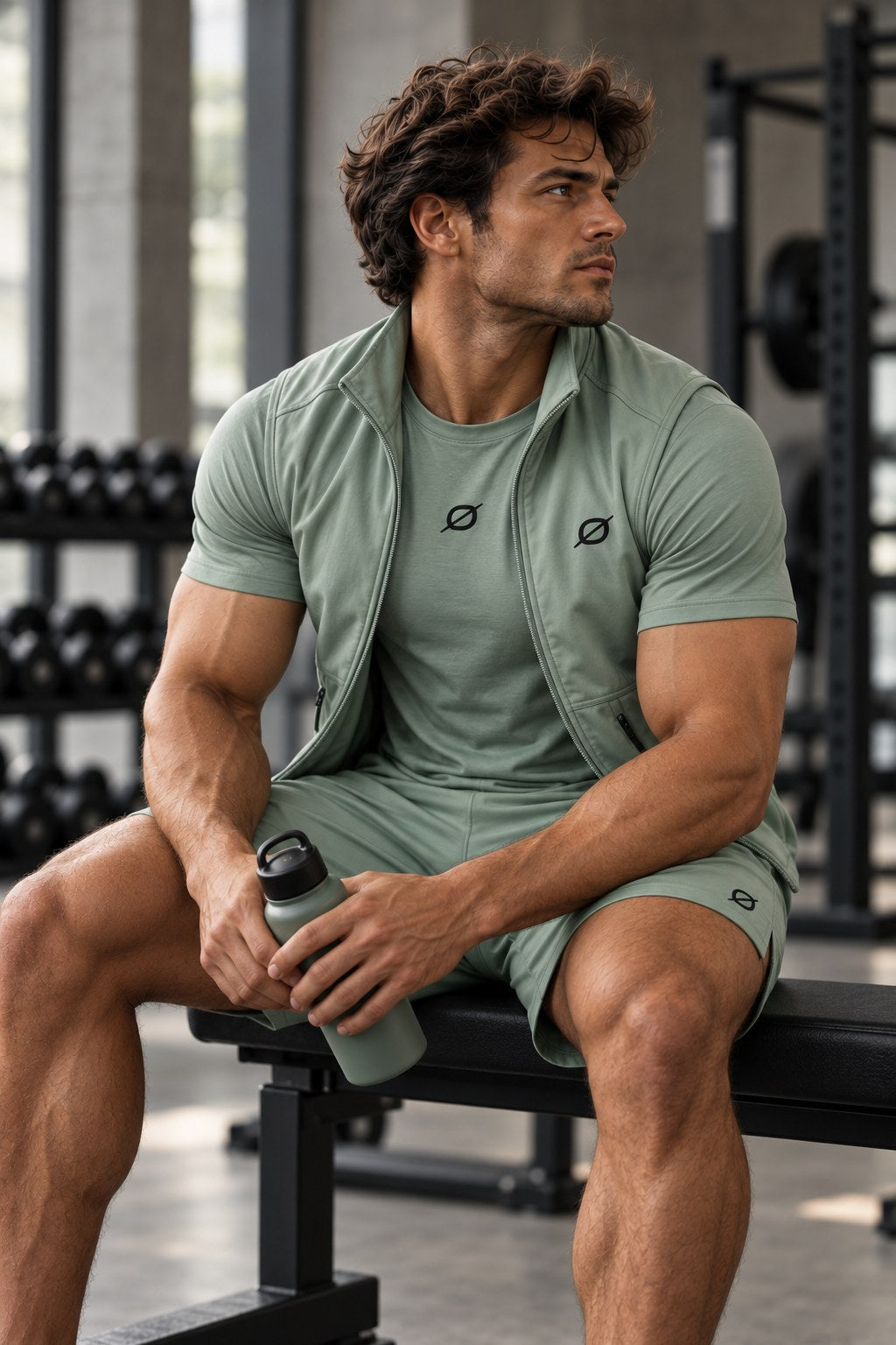 Man in de mintgroene ORION Strength Set zit op een bankje in de gym