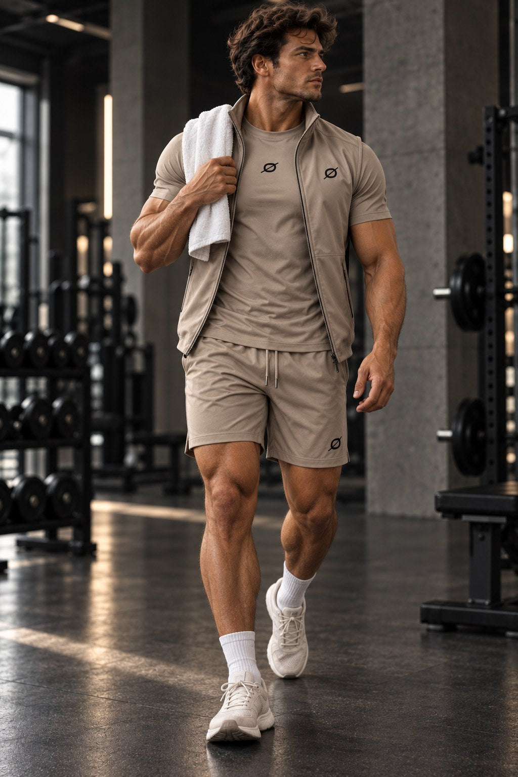 Man in de zandkleurige ORION Strength Set loopt door de gym met een handdoek