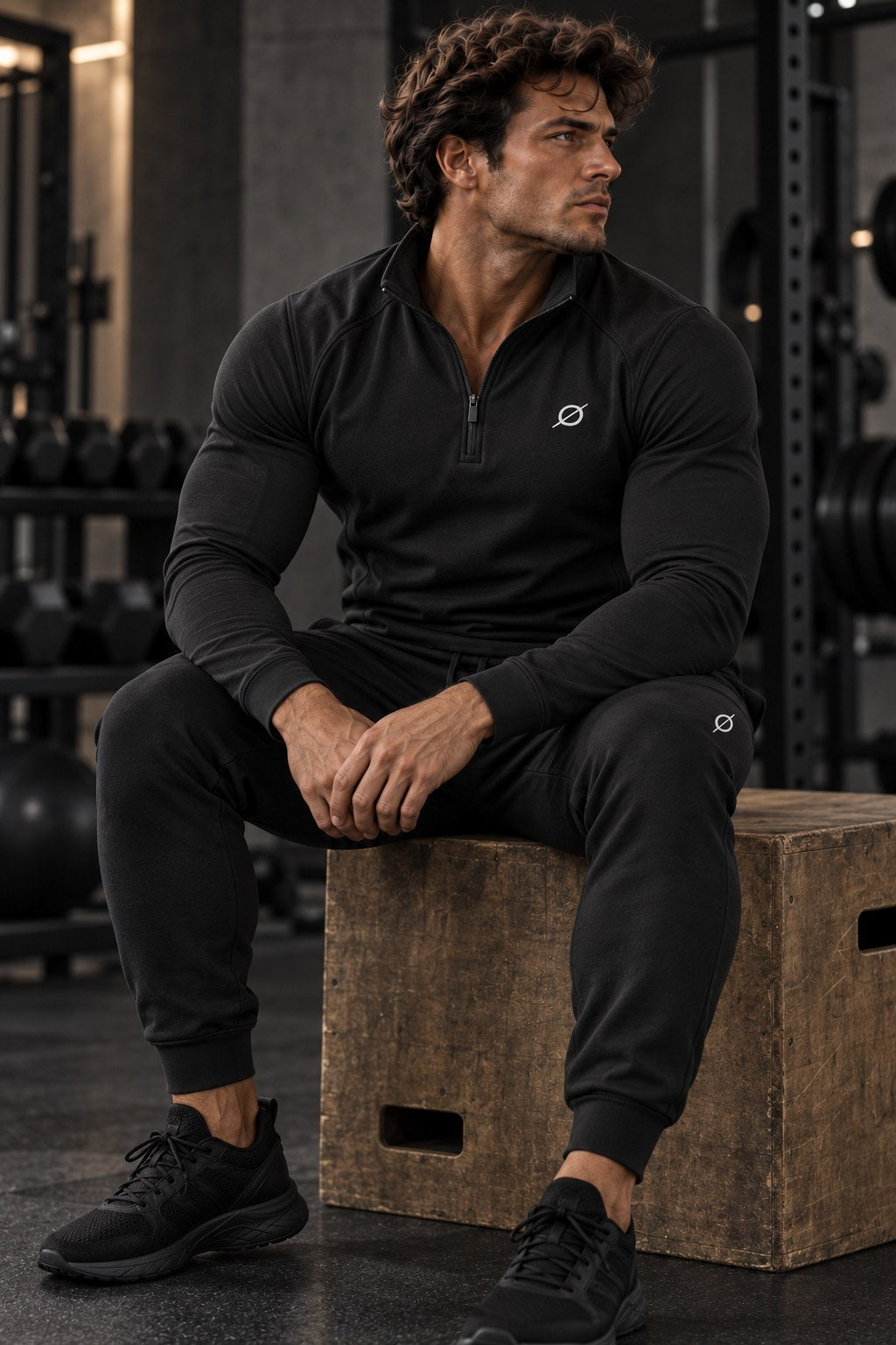 Man in de zwarte ORION Zip Set zit op een plyo box